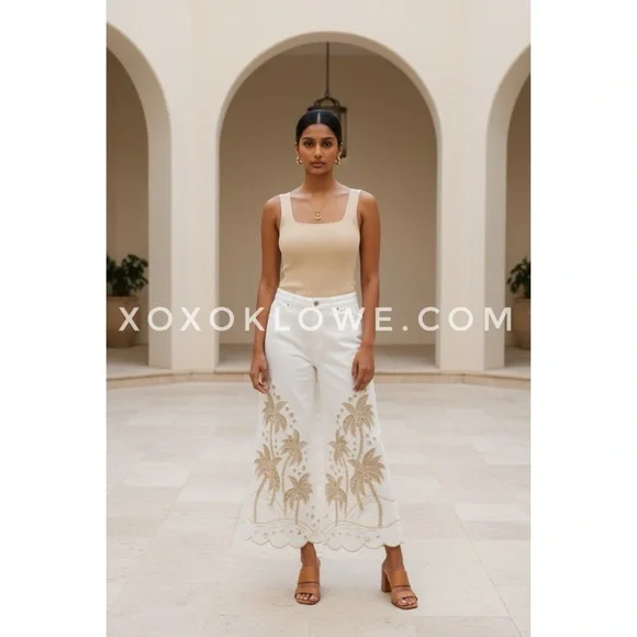 Oli & Hali Cream Palm Tree Eyelet Embroidered Wide Leg Jeans | Washed Denim - Picture 10 of 10